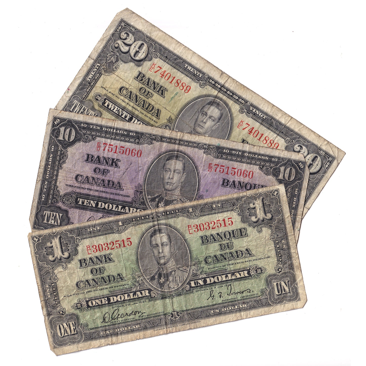 Lot of 3x 1937 Canada $1, $10 & $20 Notes, Circulated, 3Pcs. (impaired)