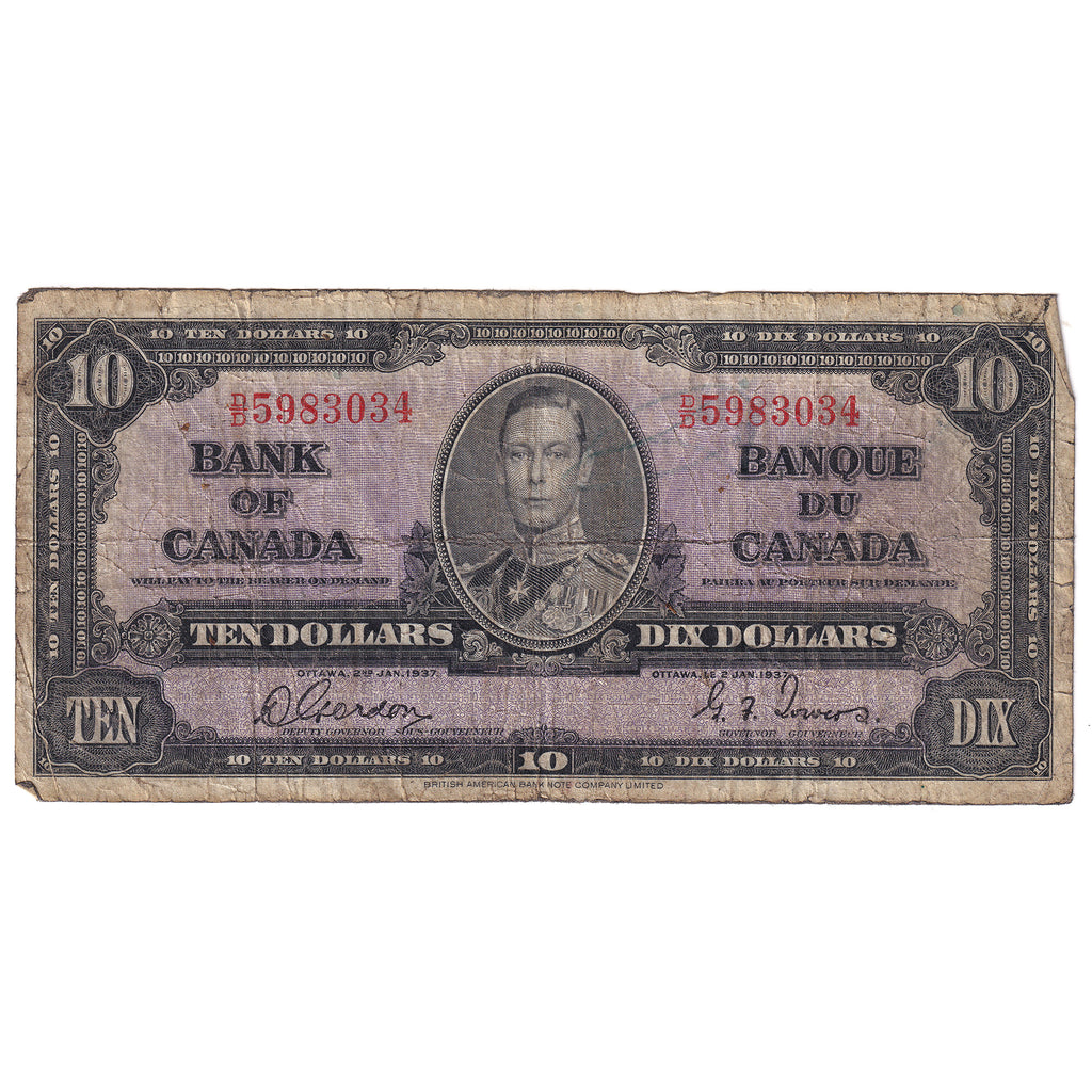 1937 Canada $10 Gordon-Towers, Circulated (small tears, writing or impaired)