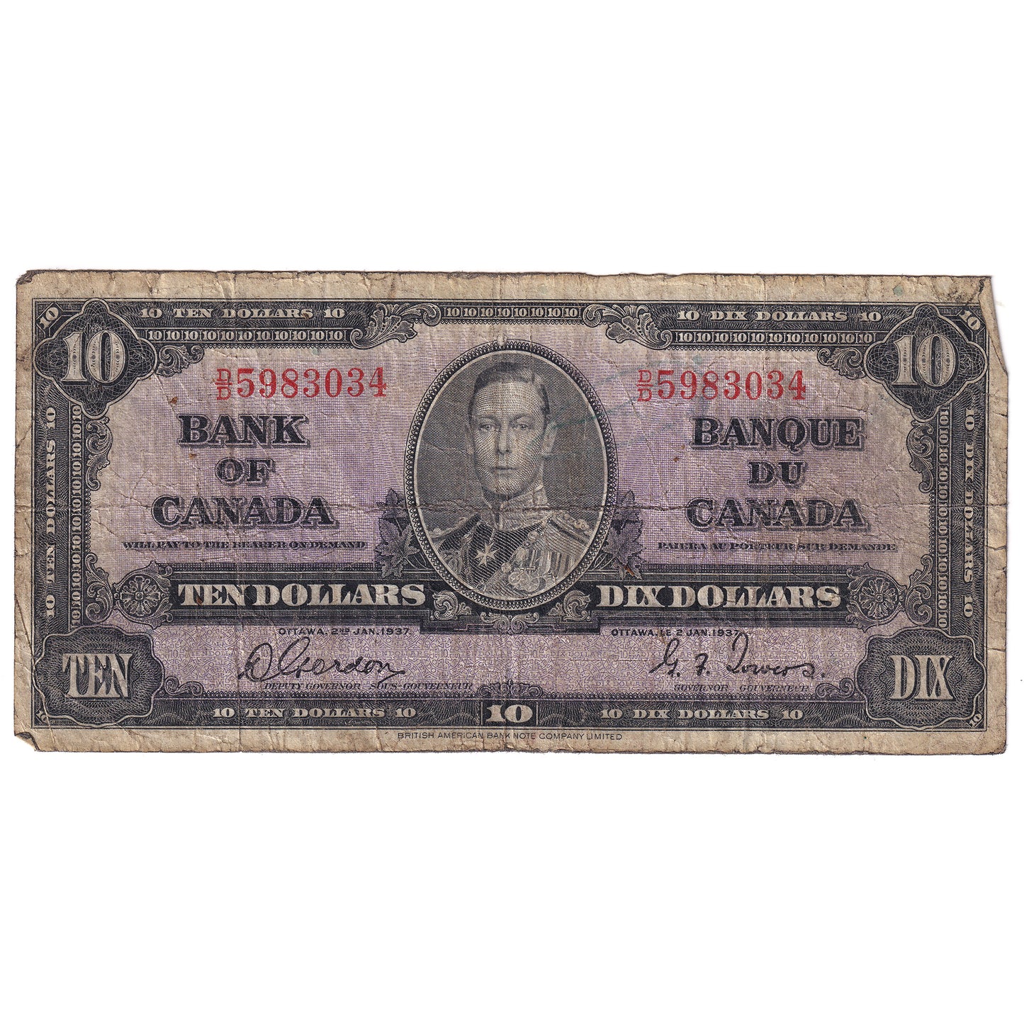 1937 Canada $10 Gordon-Towers, Circulated (small tears, writing or impaired)
