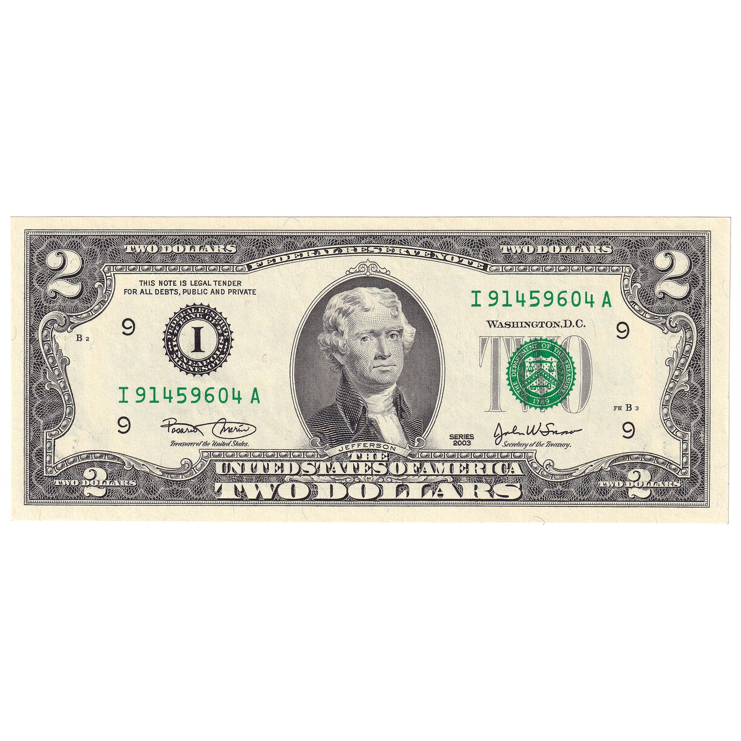 USA 2003 $2 Note Colourized