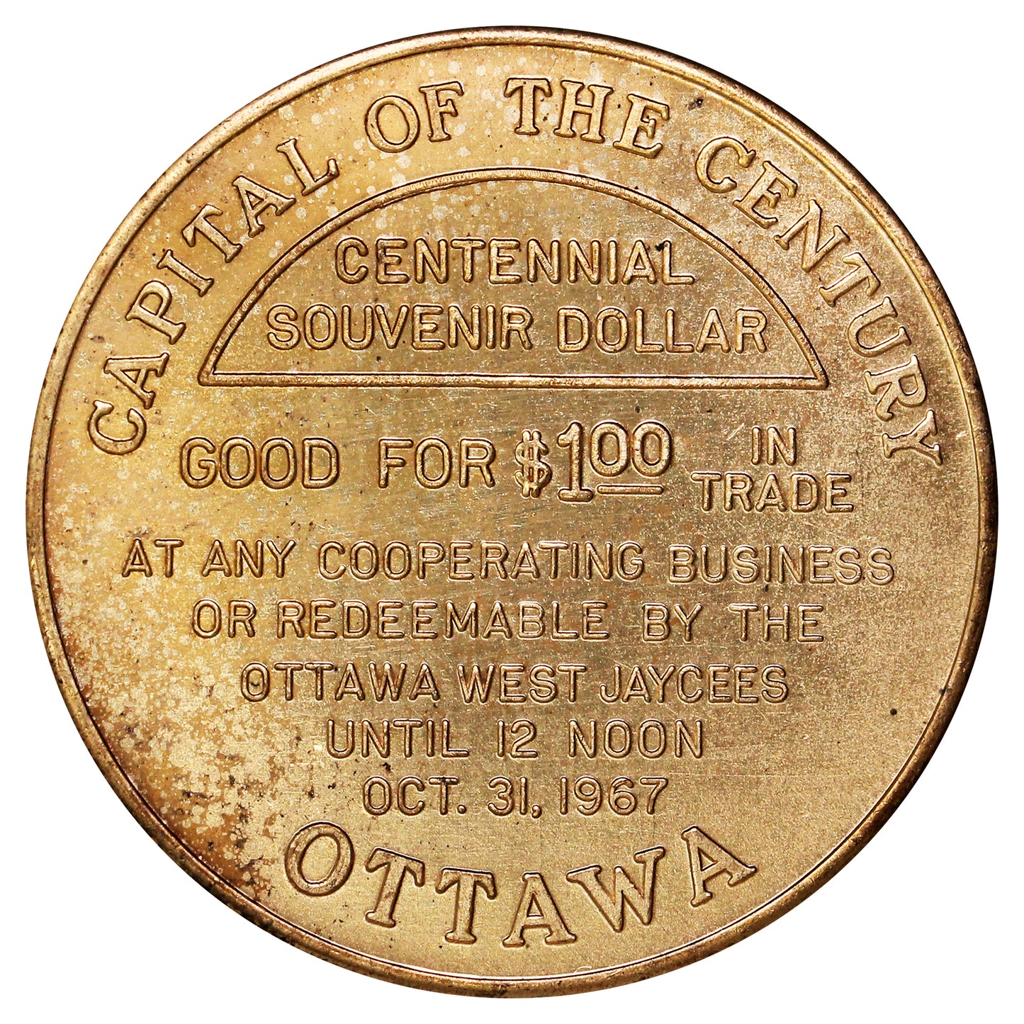 1967 Ottawa Centennial Souvenir Dollar (Bronze) Trade Token: Capital of the Century