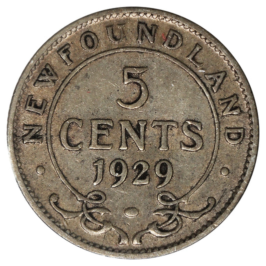 1929 Newfoundland 5-cents F-VF (F15)  Scratched, Cleaned or Impaired