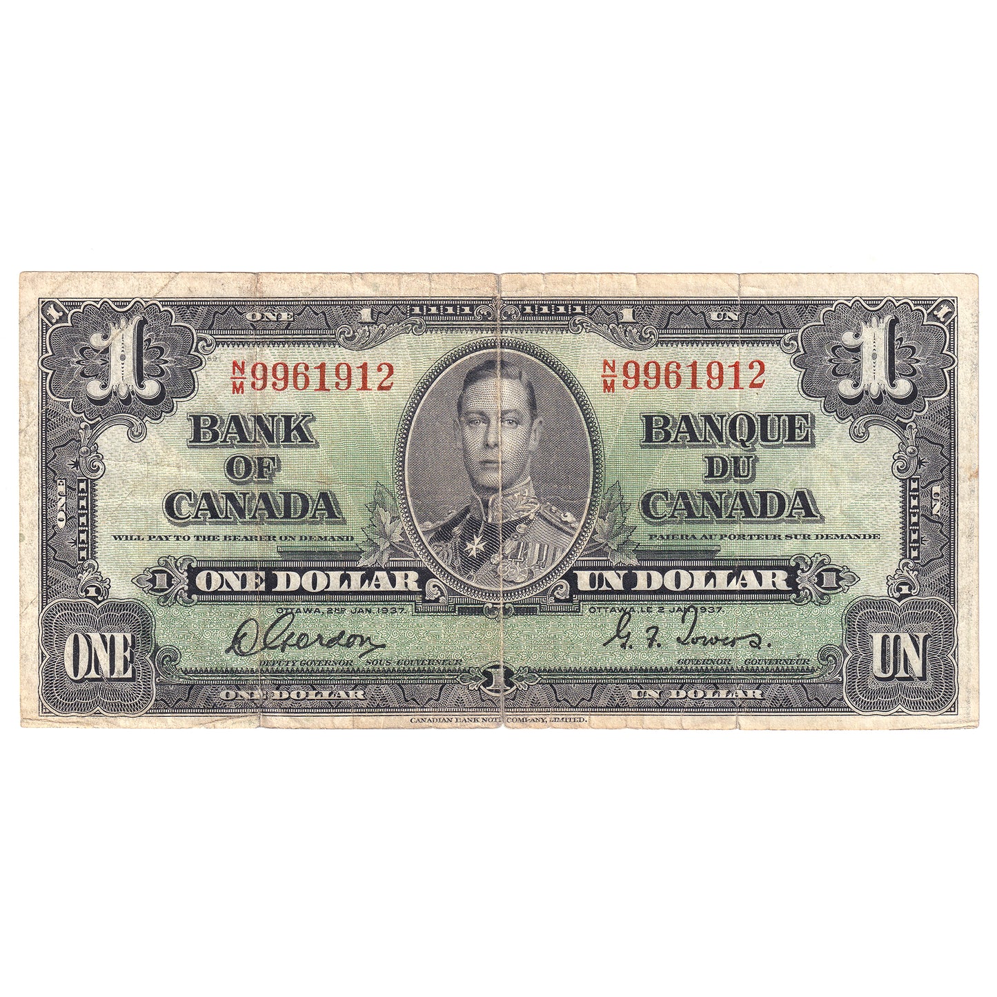 BC-21c 1937 Canada $1 Gordon-Towers, F-VF (Tears, holes, or damaged)