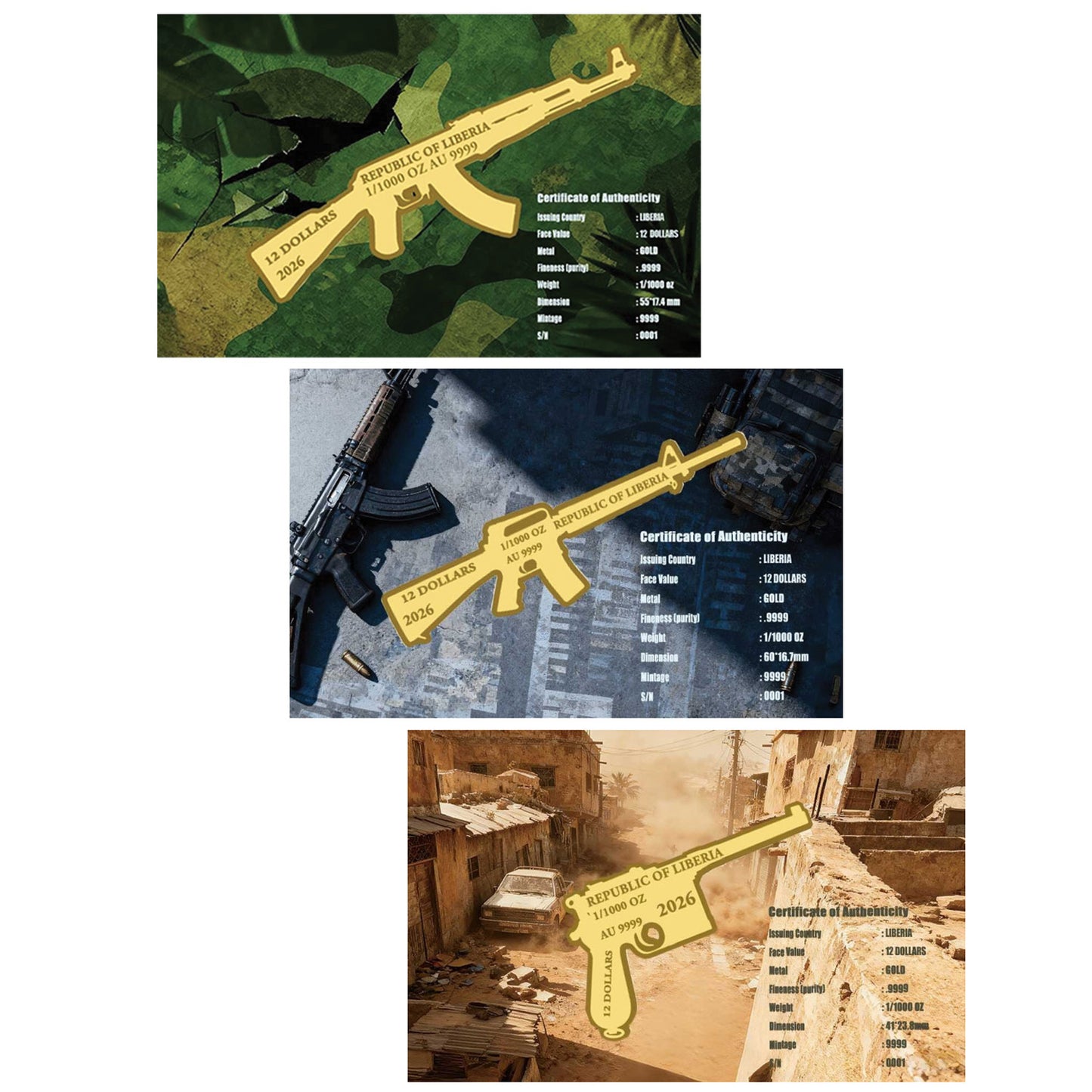 3x 2026 Liberia $12  "Combat Weapons" Shaped 1/1000oz Gold in Cards (No Tax) 3pcs