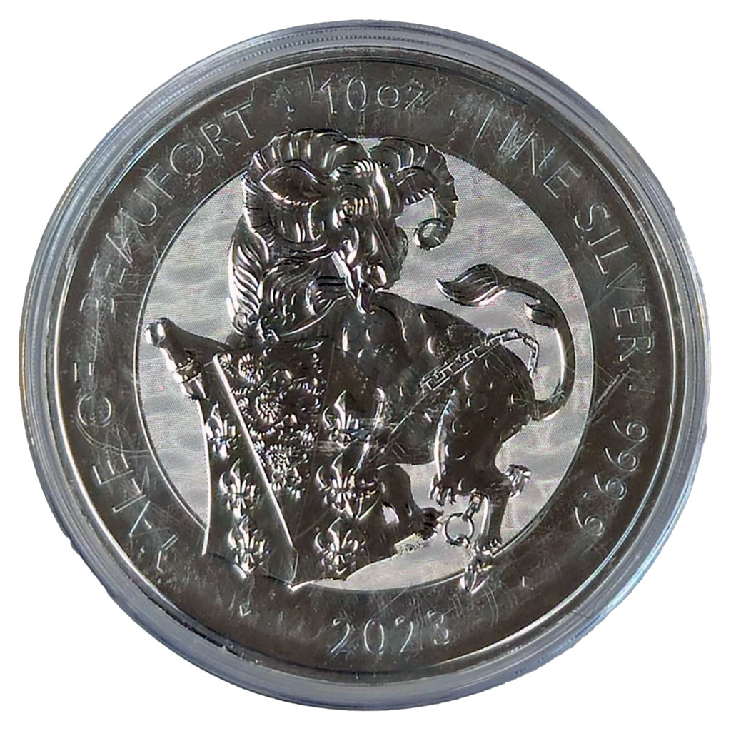 2023 GB £10 Royal Tudor Beasts: The Yale of Beaufort 10oz Silver (No Tax) Flaws