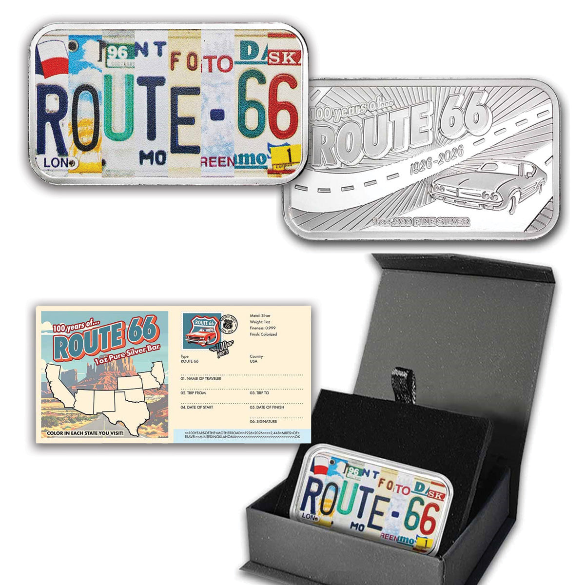 2026 Colourized 100th Ann. of Route 66 1oz. 999 Fine Silver Bar (No Tax)