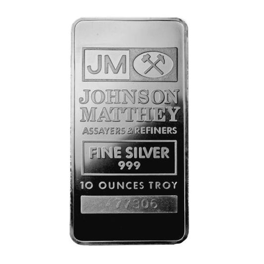 JM Johnson Matthey 10oz .999 Fine Silver Bar (No Tax) Lightly Toned