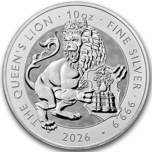 2026 Royal Tudor Beasts: Queen's Lion 10oz Silver (No Tax) Hairline scr on Capsule