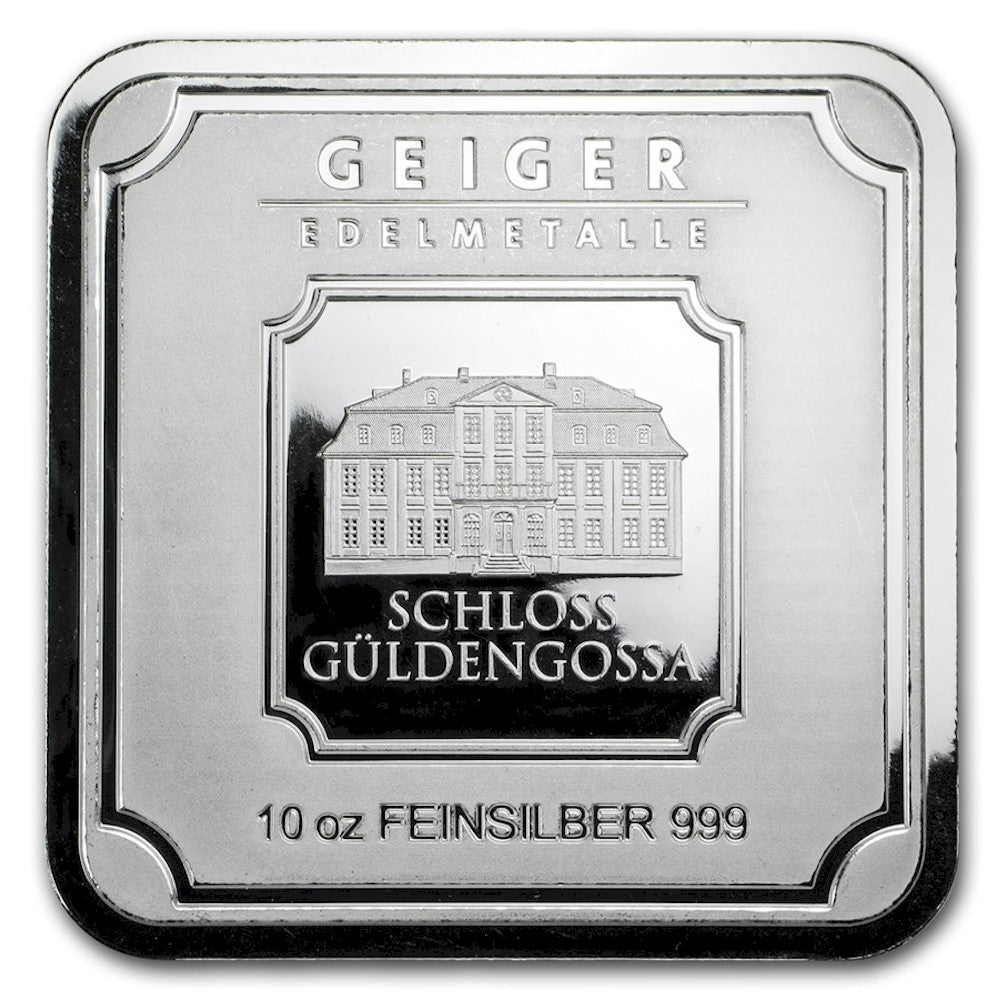 Geiger Edelmetalle 10oz. .999 Silver Square Bar (No Tax) Light Toning/Scr Seal
