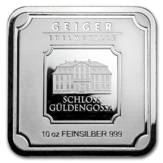Geiger Edelmetalle 10oz. .999 Silver Square Bar (No Tax) Light Toning/Scr Seal