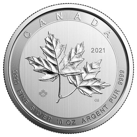 2021 $50 Magnificent Maple Leaves 10oz. Fine Silver (No Tax) Light toning/Coin Scr.