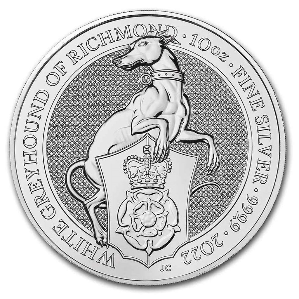 2022 GB £10 Queen's Beasts: Greyhound 10oz Silver (No Tax) Capsule Scr/Scuff