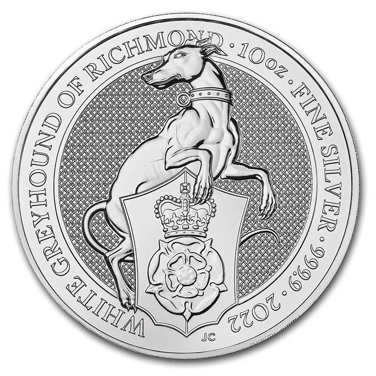 2022 GB £10 Queen's Beasts: Greyhound 10oz Silver (No Tax) Capsule Scr/Scuff