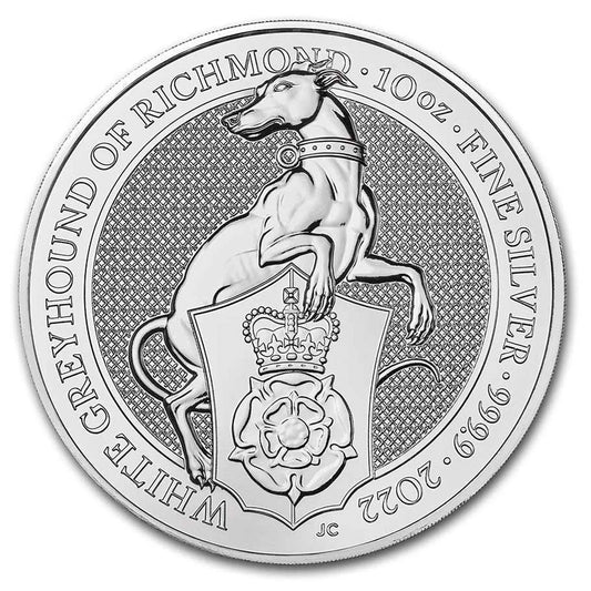 2022 GB £10 Queen's Beasts: Greyhound 10oz Silver (No Tax) Capsule Scr/Scuff