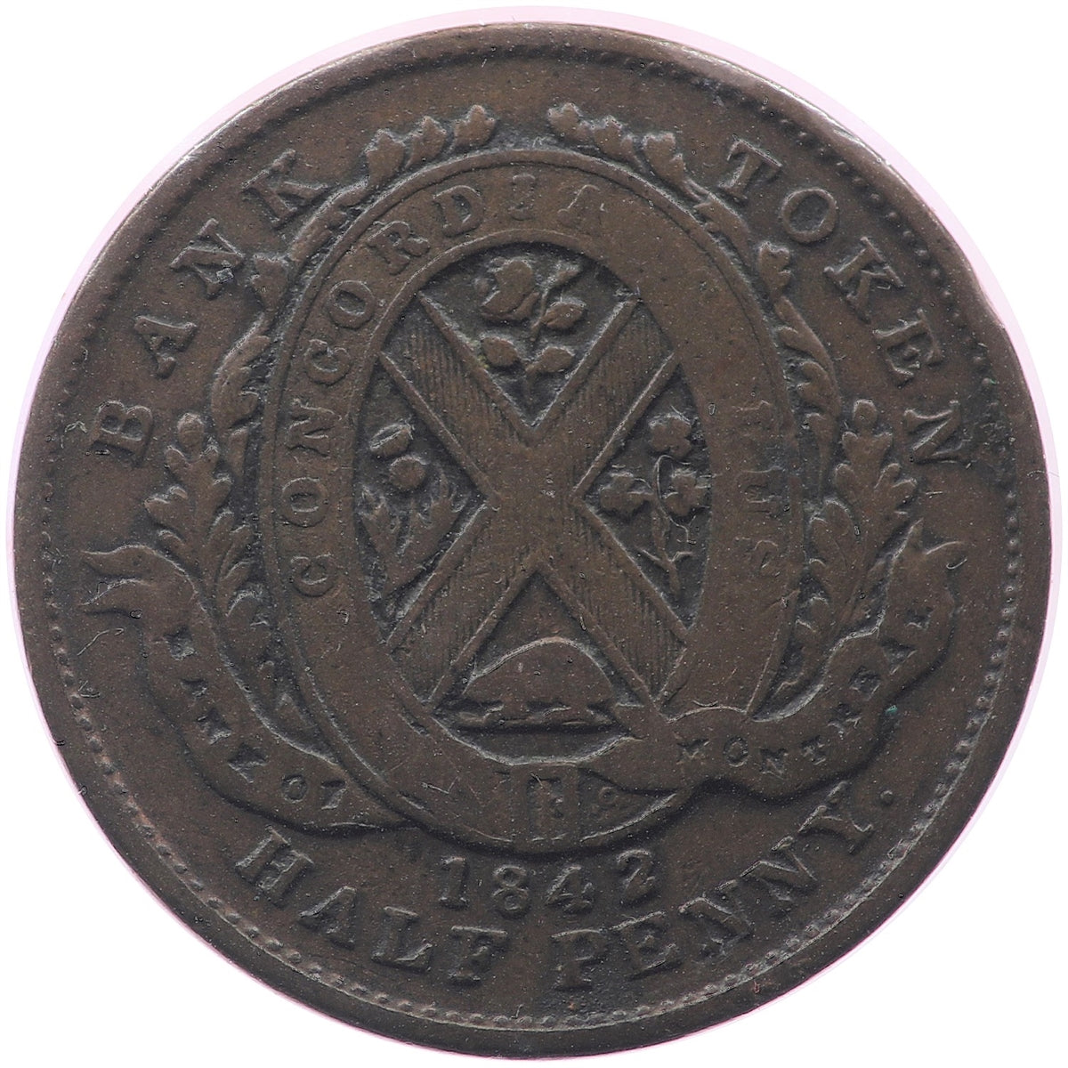 PC-1A3 1842 Province of Canada Half Penny Bank Token, Fine (F12)