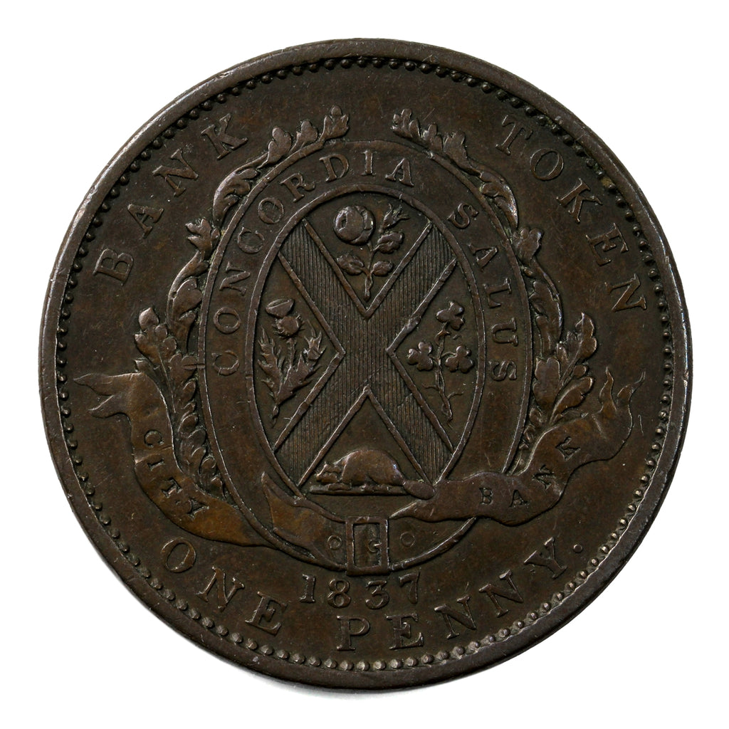 LC-9A2 1837 Lower Canada, City Bank Penny Token Extra Fine (EF40) $