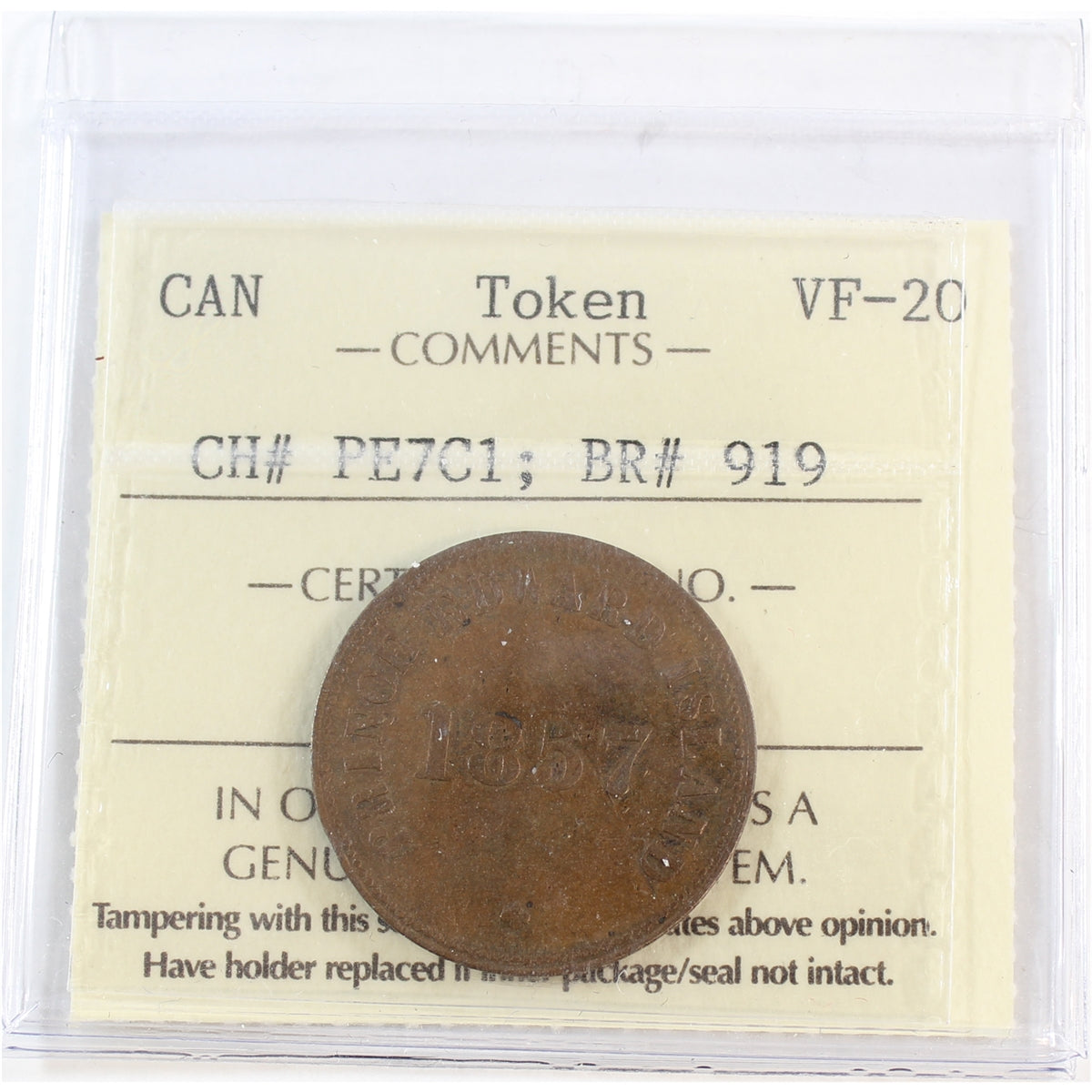 PE-7C1 1857 PEI Self Government & Free Trade Token ICCS Certified VF20 (BR #919)