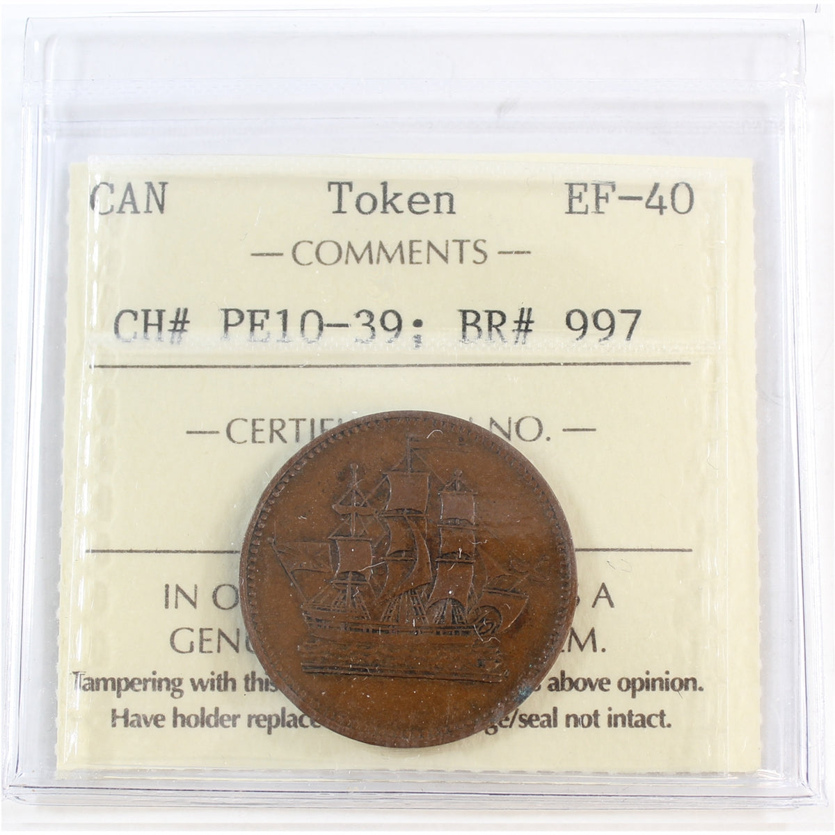 PE-10-39 PEI Ships Colonies & Commerce Bank Token ICCS Certified EF40 (BR #997)
