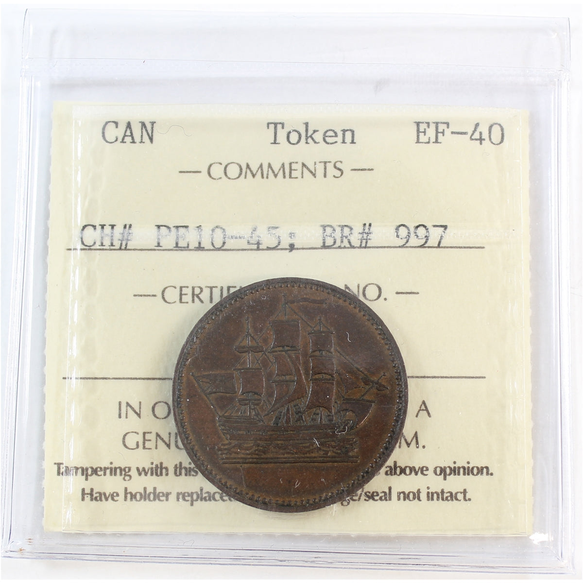 PE-10-45 PEI Ships Colonies & Commerce Bank Token ICCS Certified EF40 (BR #997)