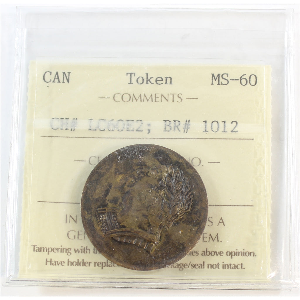 LC-60E2 1820 Lower Canada Bust & Harp Bank Token ICCS Certified MS60 (BR #1012)