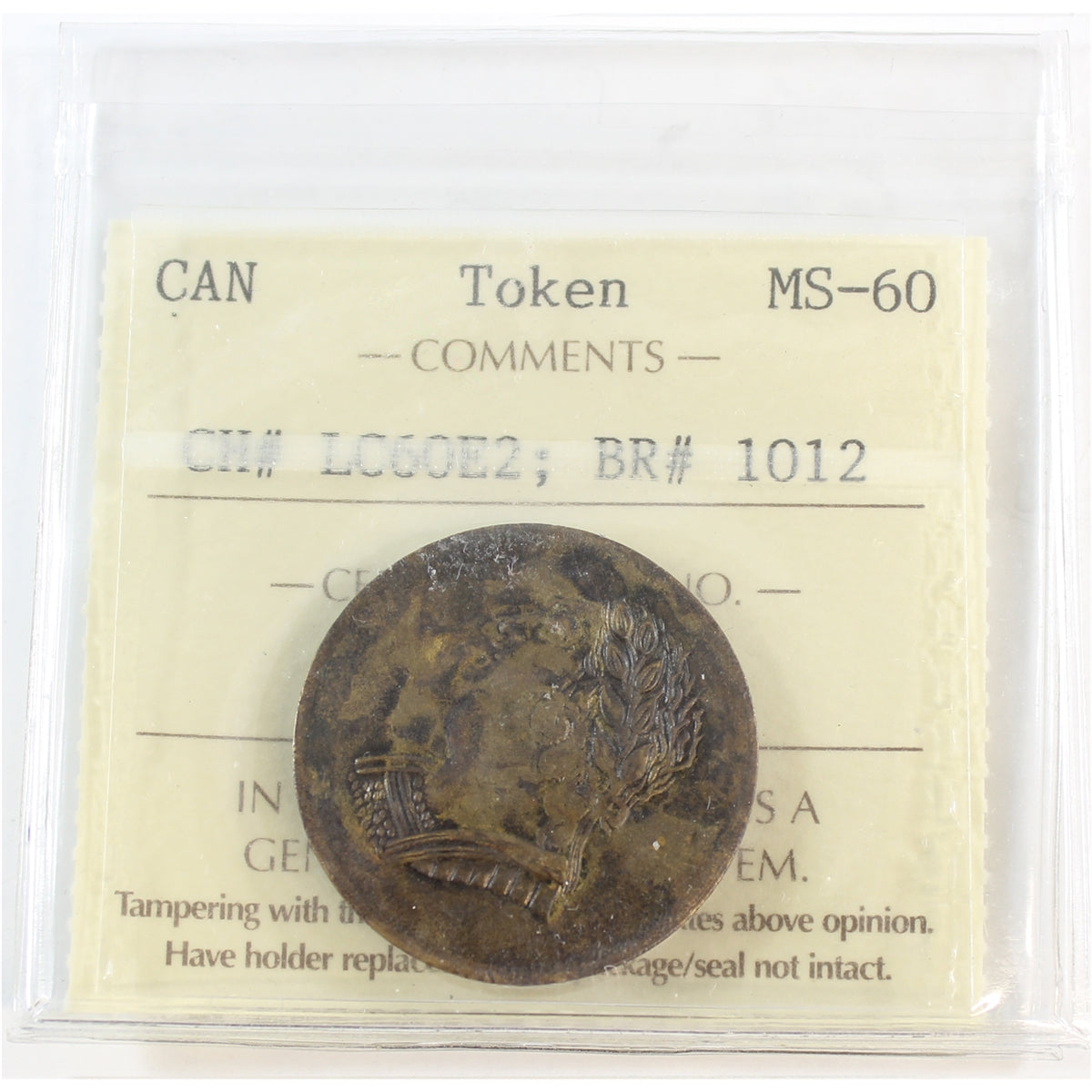 LC-60E2 1820 Lower Canada Bust & Harp Bank Token ICCS Certified MS60 (BR #1012)