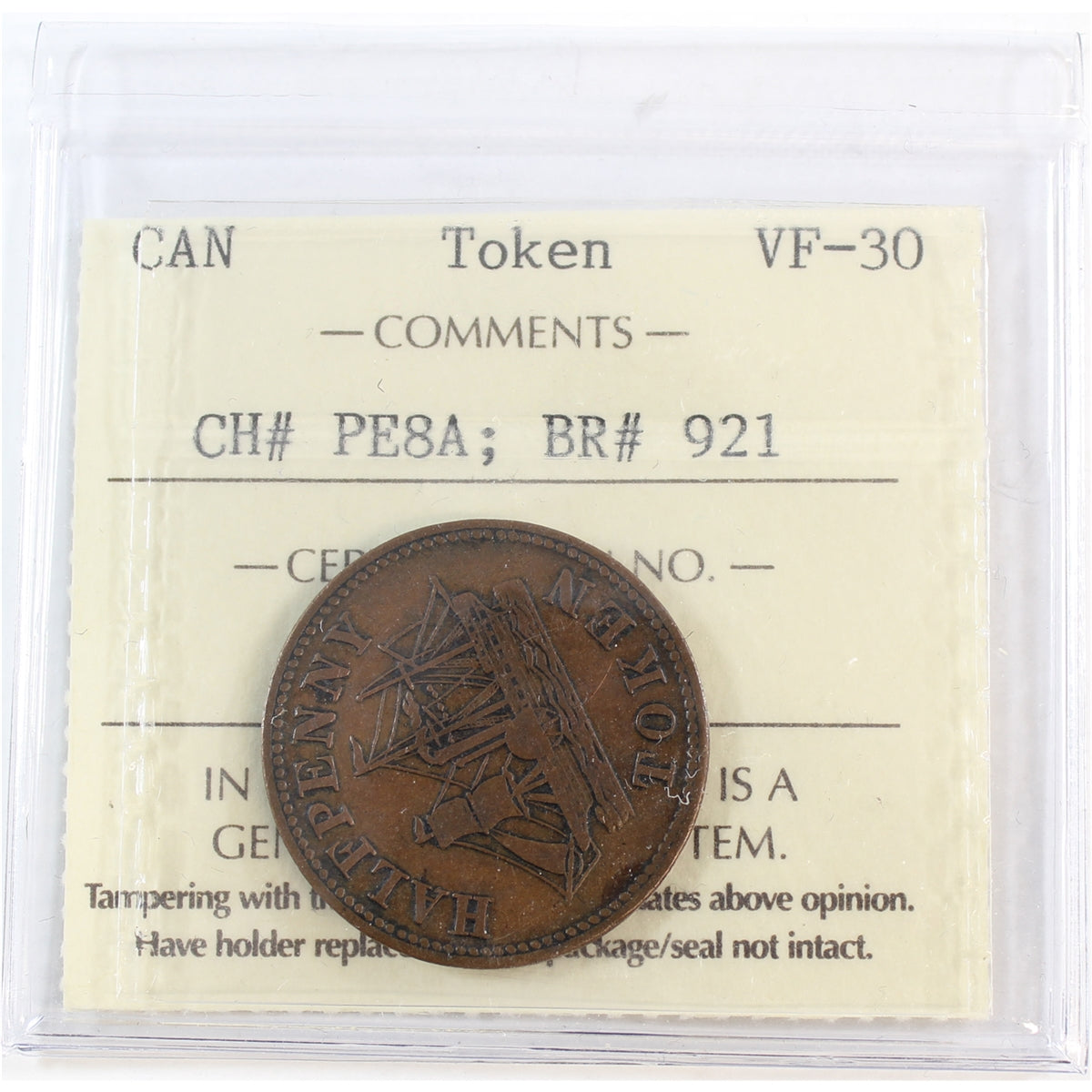 PE-8A (1858) Fisheries & Agriculture Halfpenny Token ICCS Certified VF30 (BR #921)