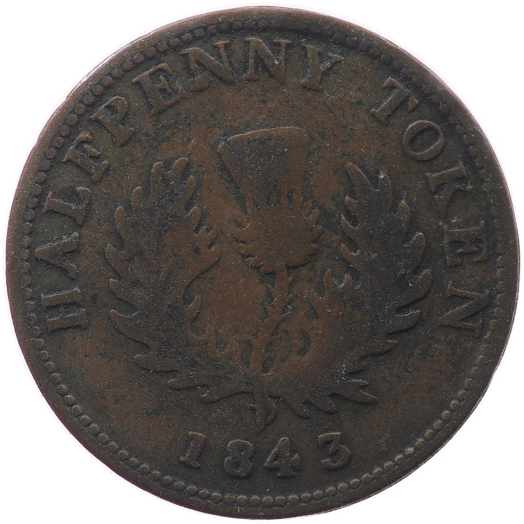 NS-1F1 1843 Nova Scotia Thistle Half Penny Bank Token, Fine (F12)