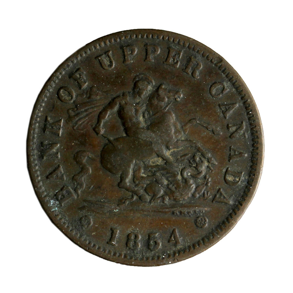 PC-6C1 1854 Province of Canada, Plain 4 Bank of Upper Canada Penny Token Very Fine (VF20)