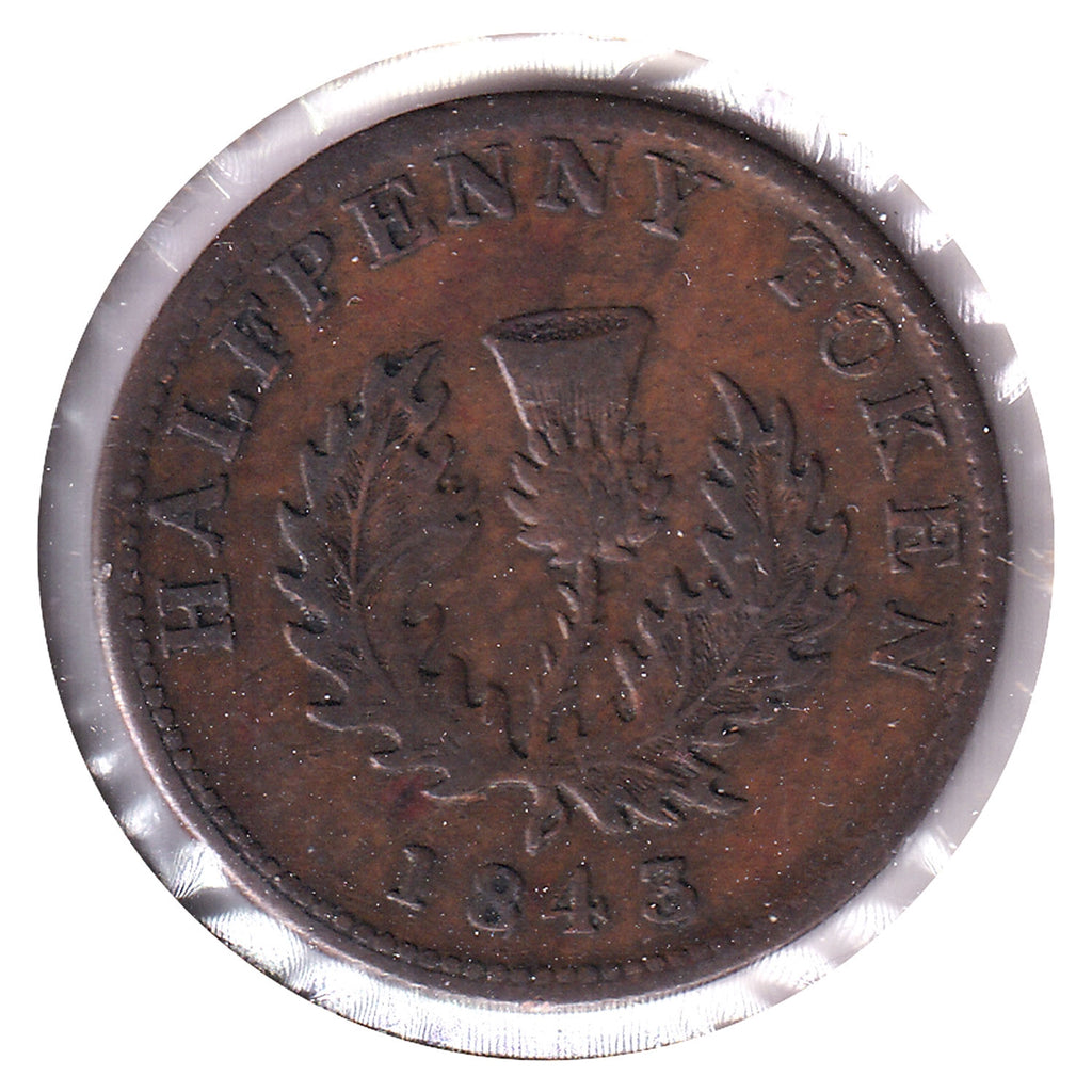 NS-1F5 1843 Nova Scotia Victoria Thistle Half Penny Token Very Fine (VF20)