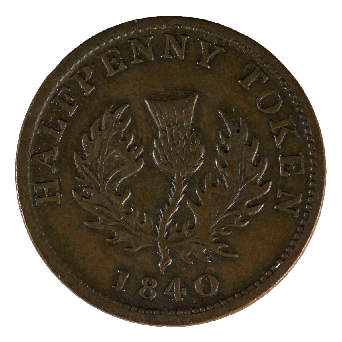 NS-1E2 1840 Nova Scotia Medium 0 Victoria Thistle Half Penny Token VF-EF (VF-30) $