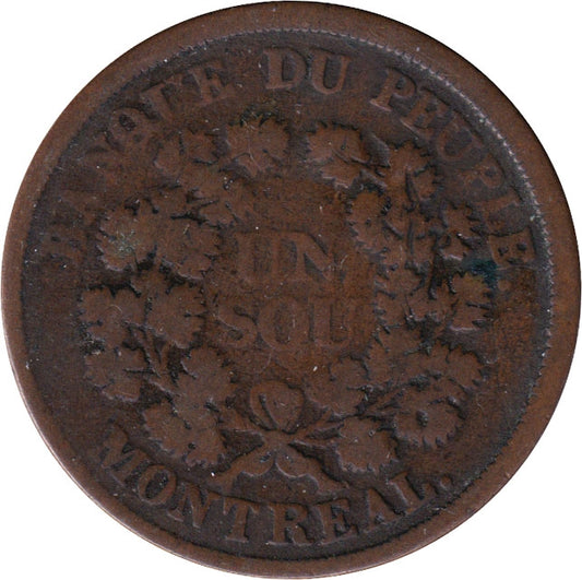 LC-5A1 No Date (1838) Lower Canada, Banque du Peuple Montreal Un Sou Very Good (VG-8)