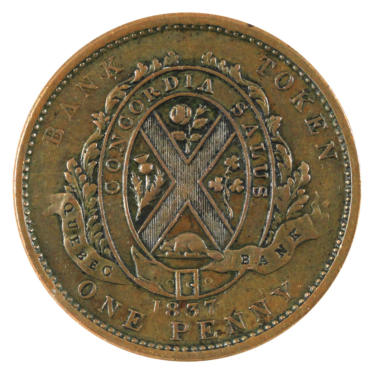 LC-9B2 1837 Lower Canada Quebec Bank One Penny Token Extra Fine (EF40) $