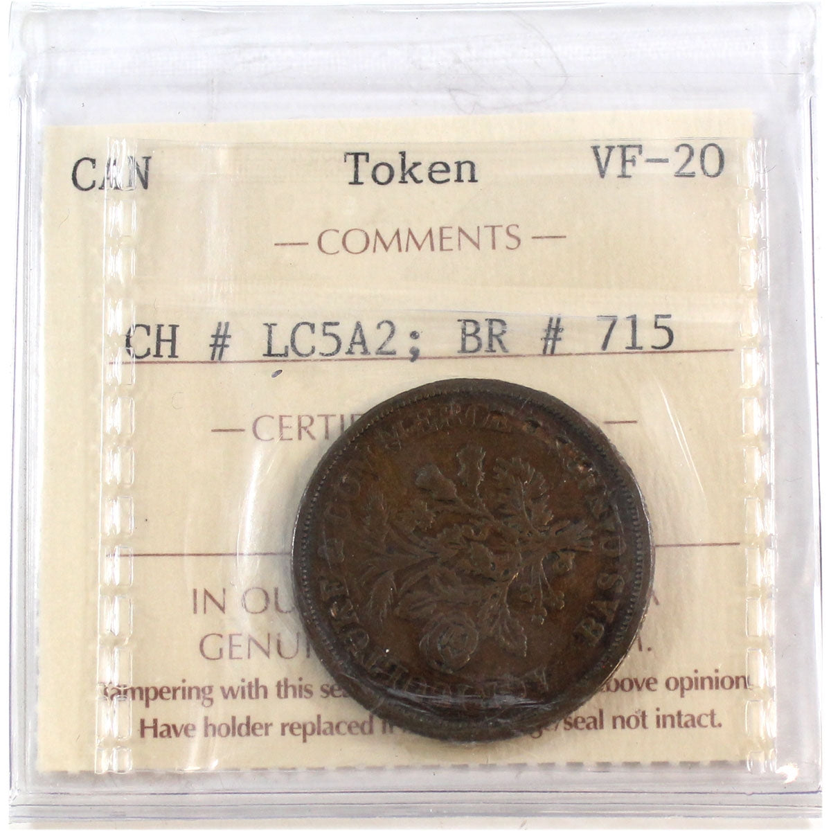 LC-5A2 (1836) Lower Canada Un Sou ICCS Certified VF20 BR# 715