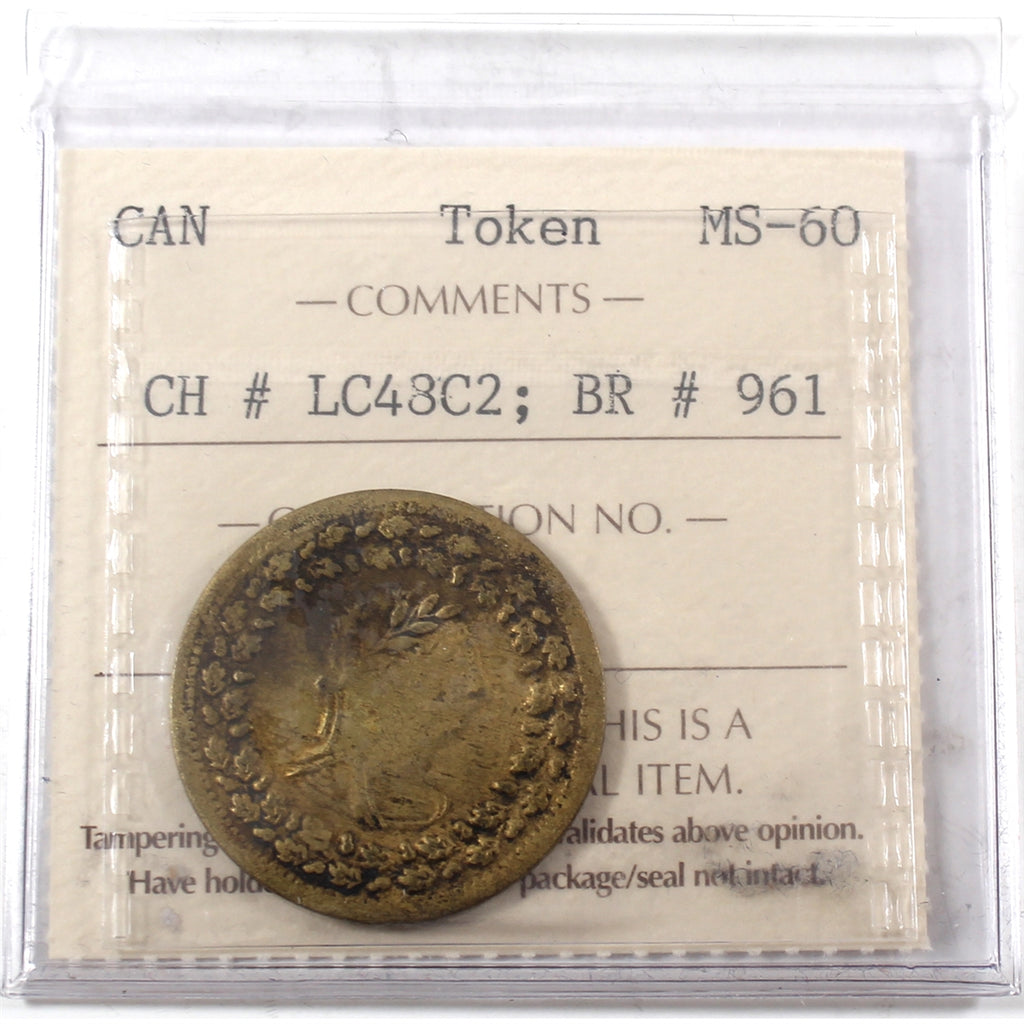 LC-48C2 1812 Lower Canada Clockwise, Brass Token ICCS Certified MS60 BR# 961