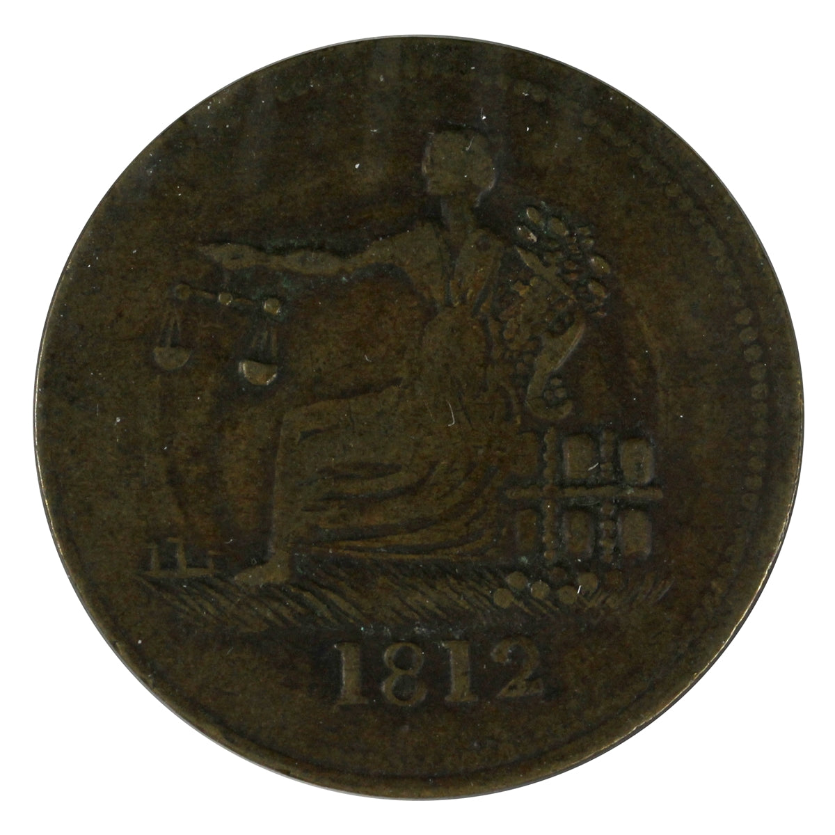 LC-48C2 1812 Lower Canada Clockwise Wreath, Brass Tiffen Half Penny Token VF-EF (VF30)