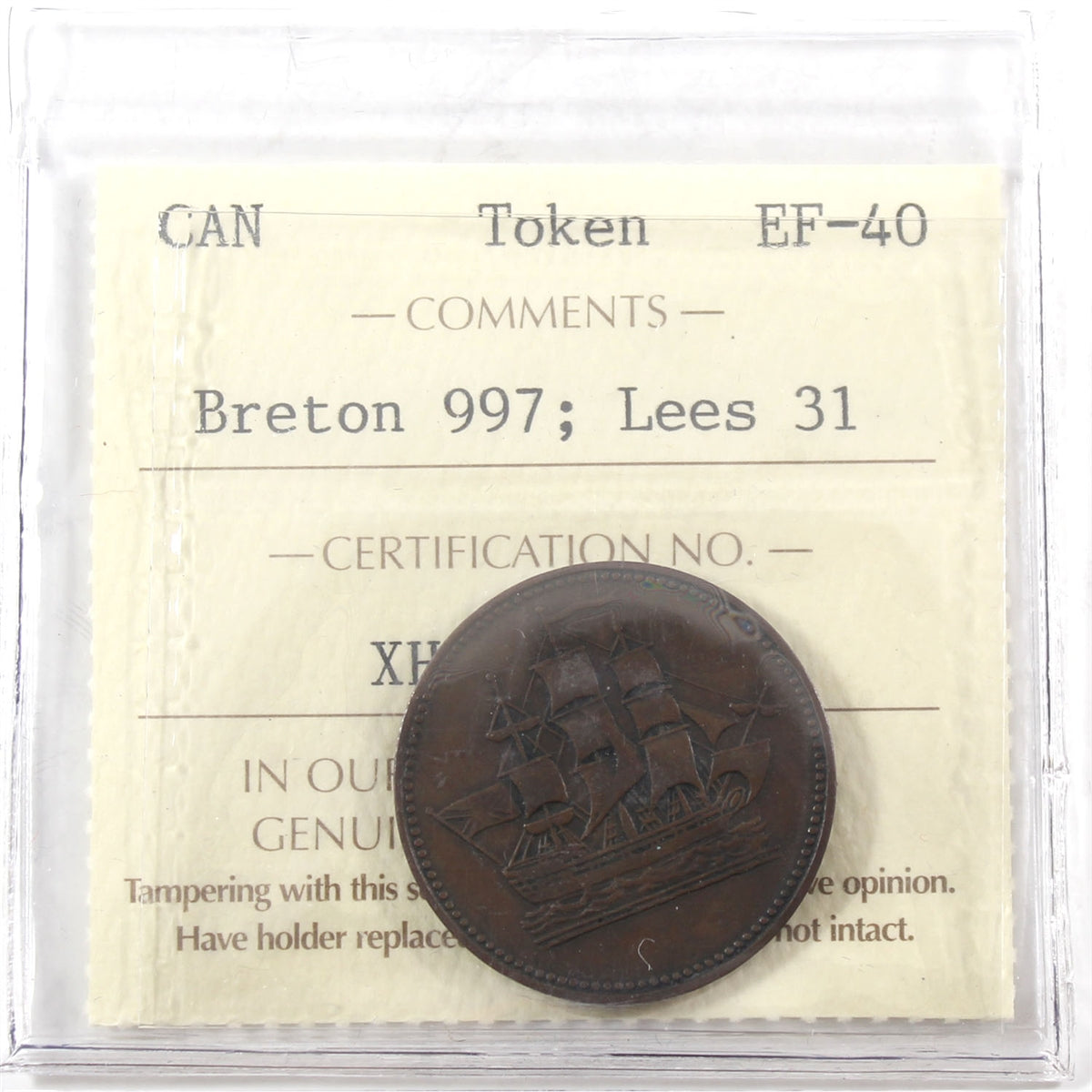 BR-997 Ships Colonies & Commerce Token ICCS Certified EF40 Lees 31