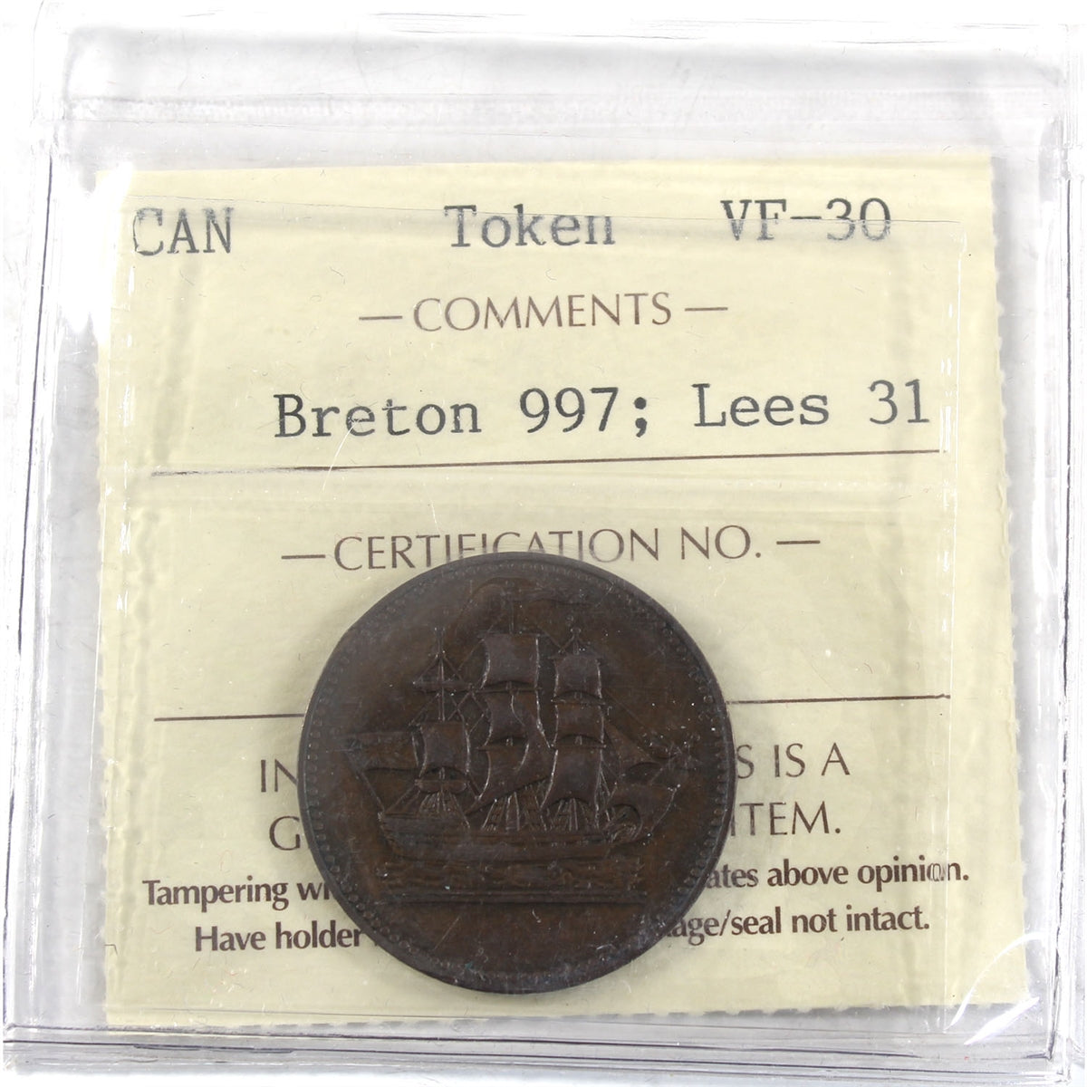 BR-997 Ships Colonies & Commerce Token ICCS Certified VF30 Lees 31