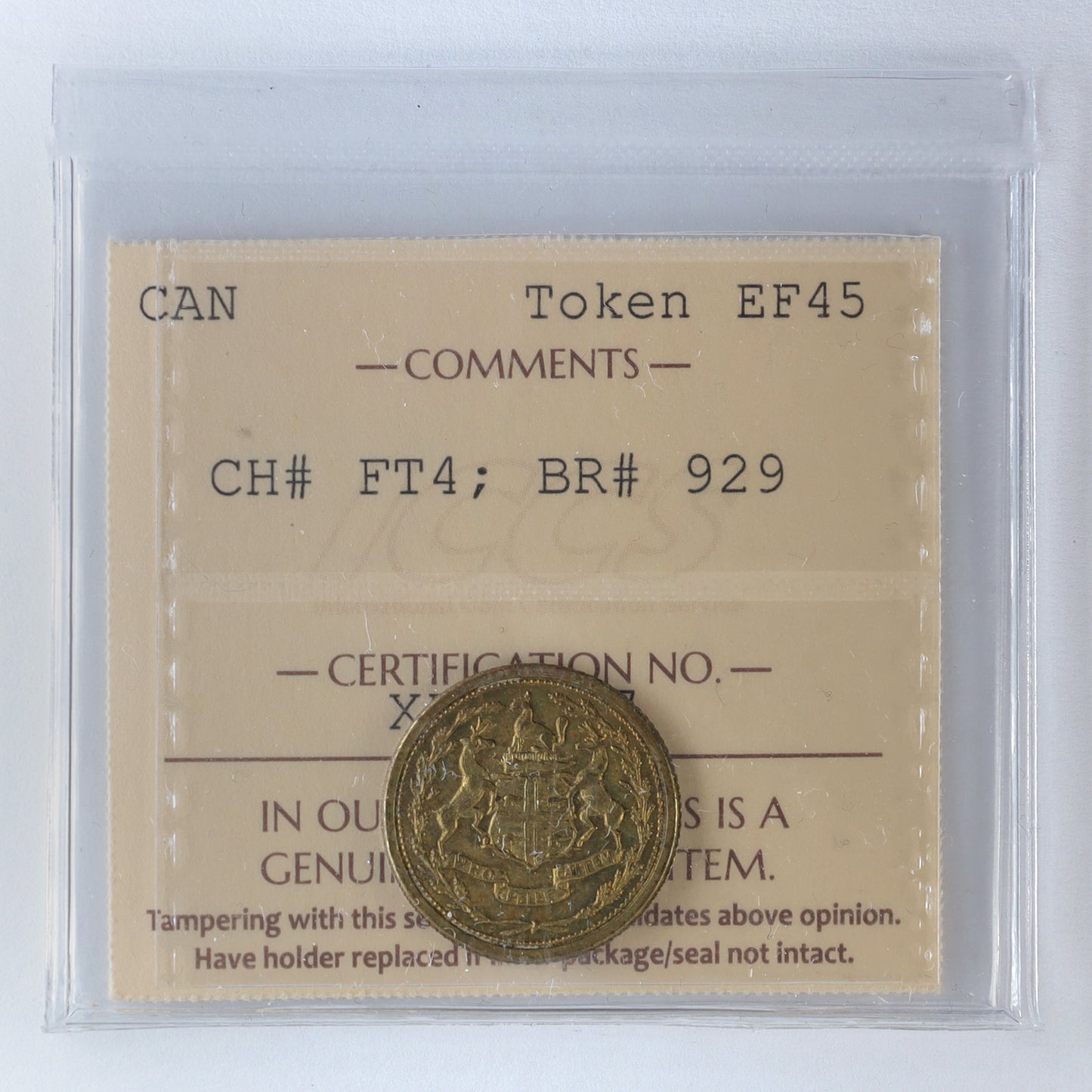 FT-4 Hudson's Bay Fur Trade 1/8 Made Beaver Token ICCS Certified EF45 BR# 929