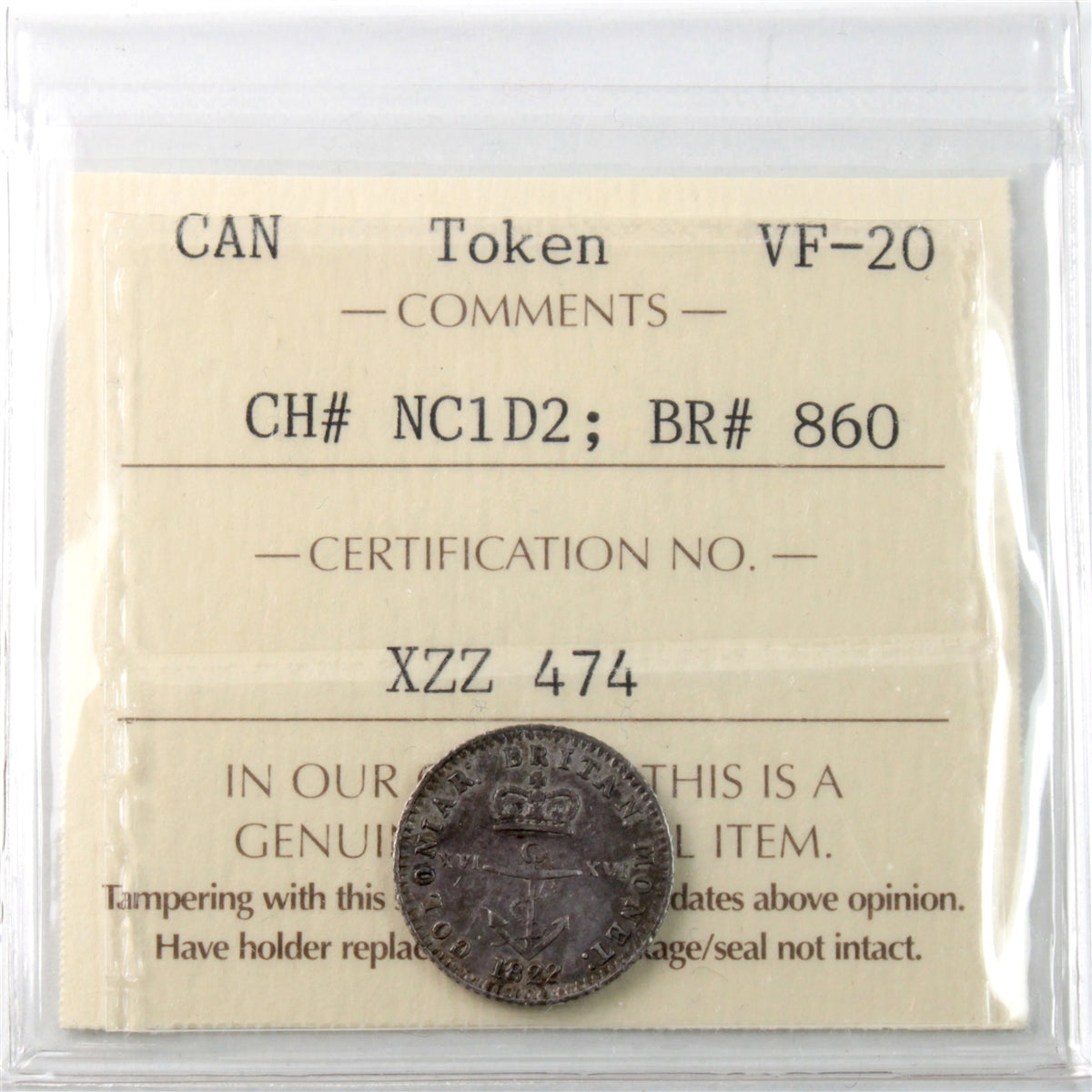 NC-1D2 1822 Anchor Money, 1/16 Dollar First 2 Over 2 ICCS Certified VF20 BR# 860