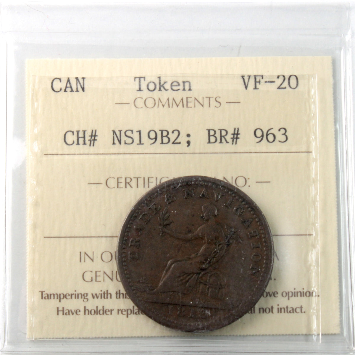 NS-19B2 1813 Nova Scotia Trade & Navigation Half Penny Token ICCS Certified VF20 BR# 963