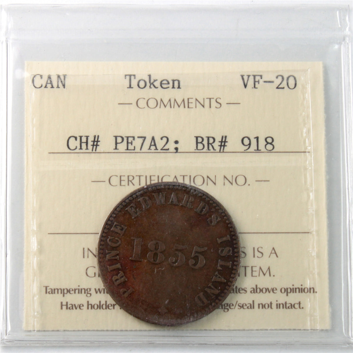 PE-7A2 1855 PEI Self Government & Free Trade Token ICCS Certified VF20 BR# 918