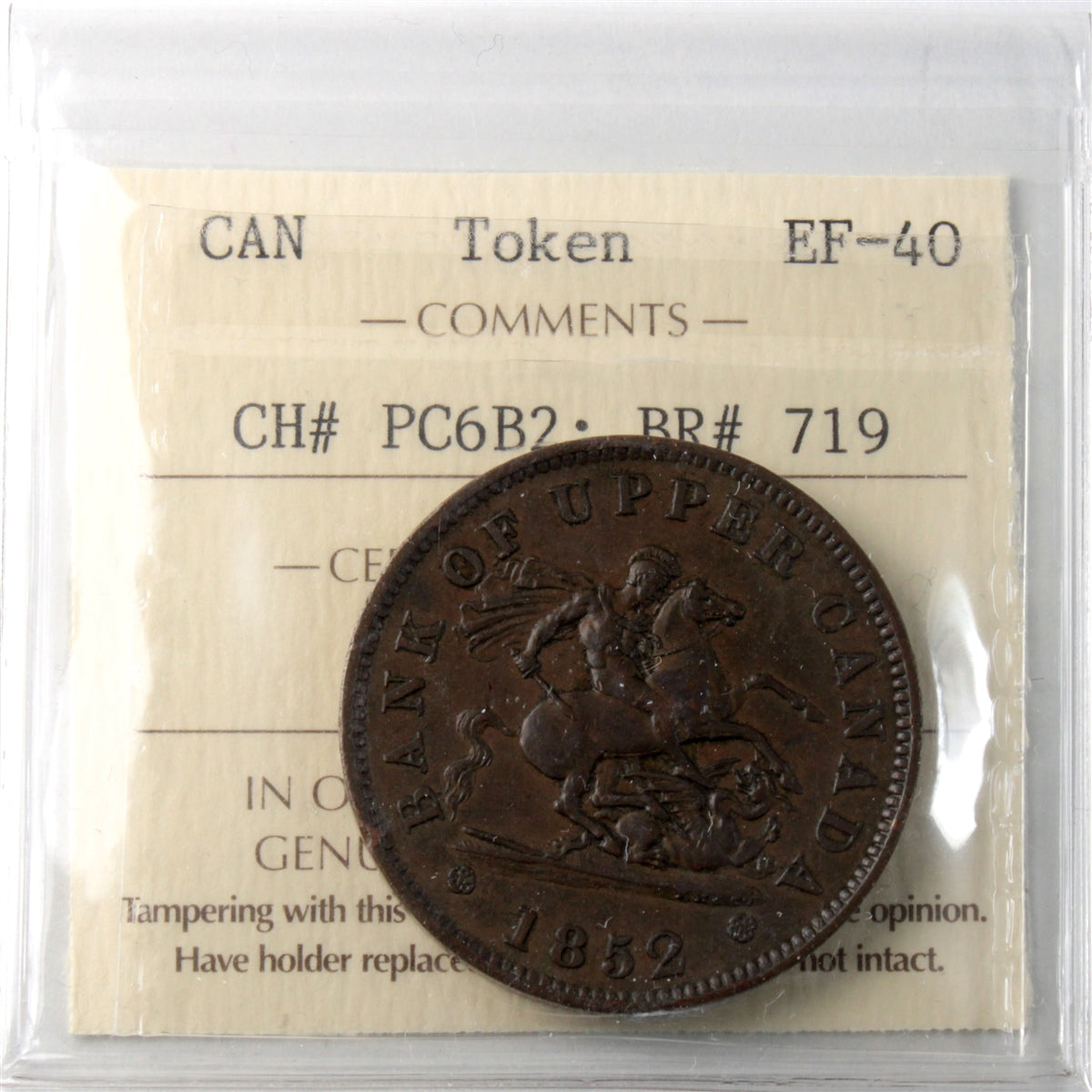 PC-6B2 1852 Province of Canada, Large 2 Penny Token ICCS Certified EF40 BR# 719