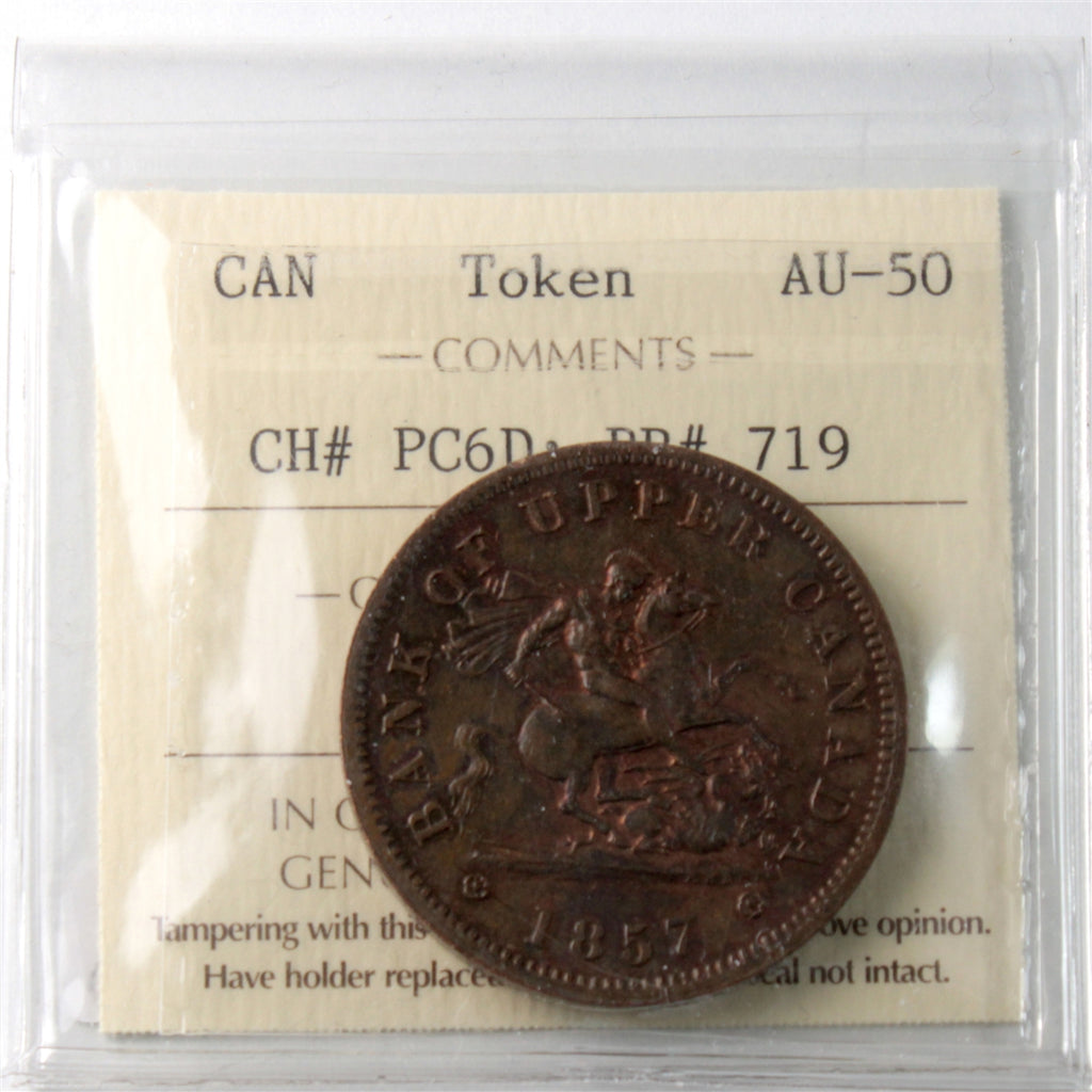 PC-6D 1857 Province of Canada, Bank of Upper Canada Penny Token ICCS Certified AU50