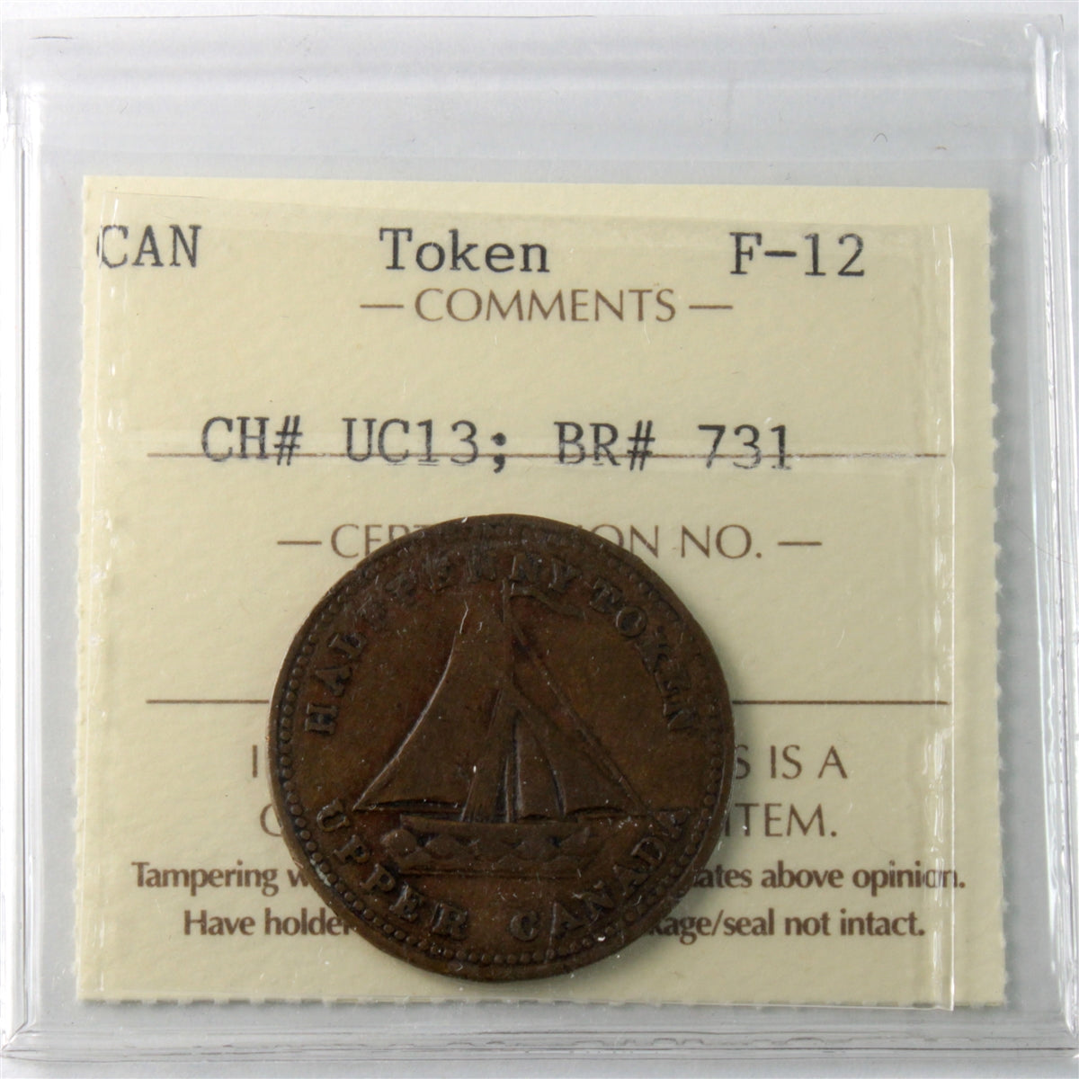 UC-13 1833 Upper Canada Commercial Change Half Penny Token ICCS Certified F12 BR# 731