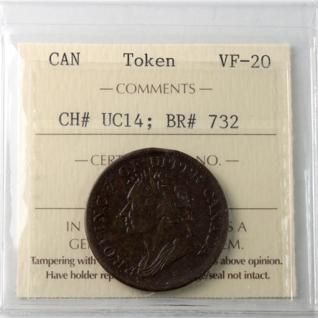 UC-14 1832 Upper Canada Engrailed Half Penny Token ICCS Certified VF20 BR# 732