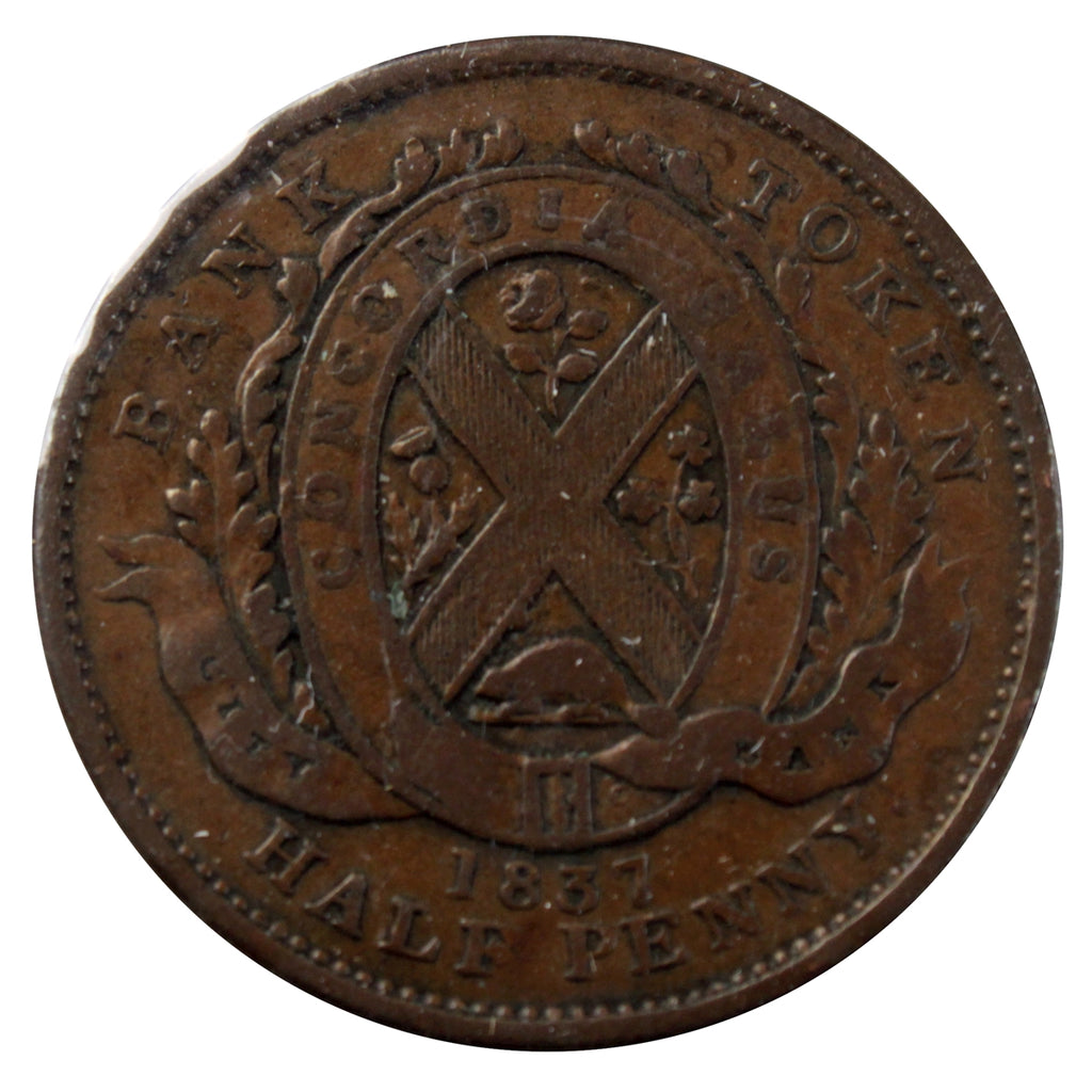 LC-8A1 1837 Lower Canada City Bank Half Penny Token Fine (F12)