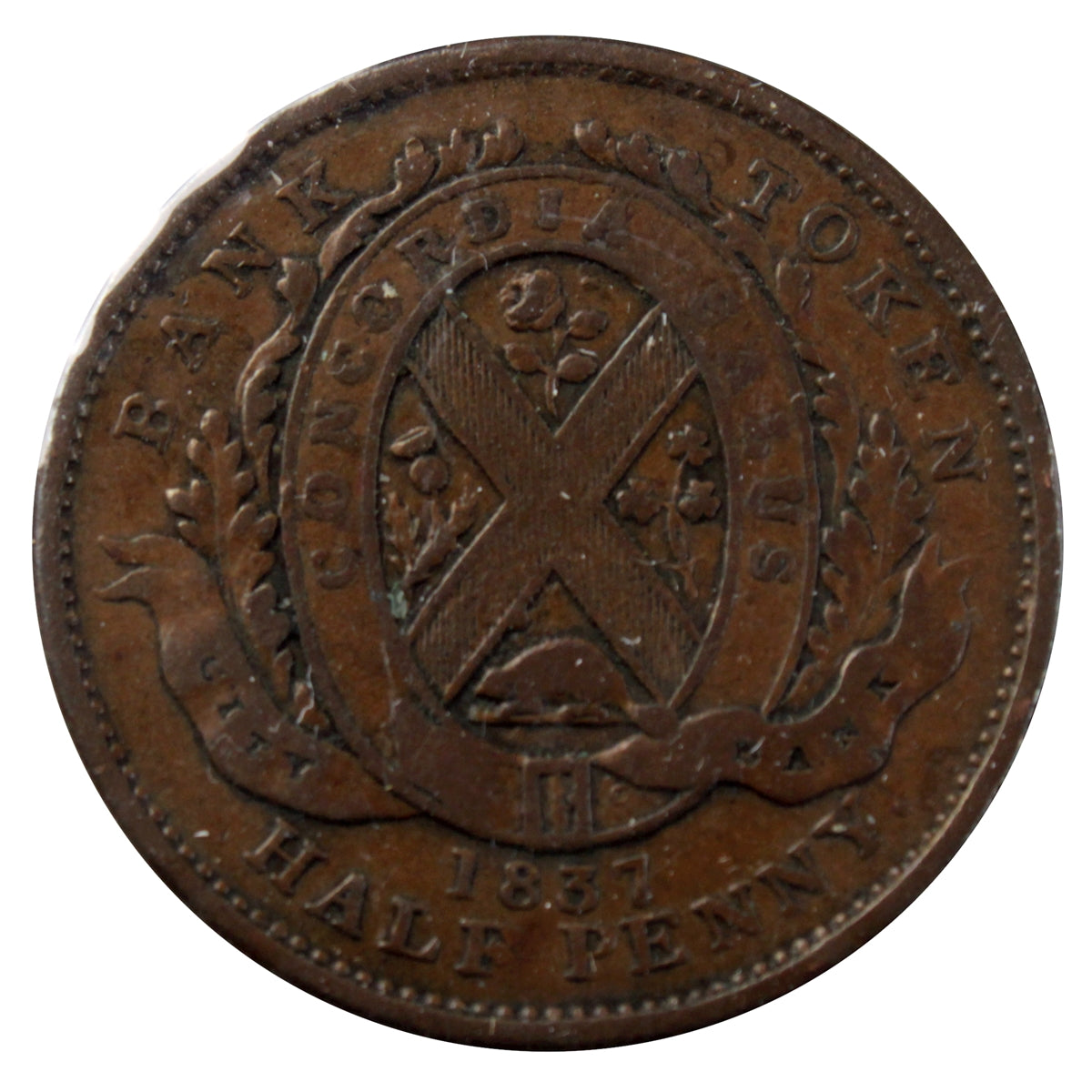 LC-8A1 1837 Lower Canada City Bank Half Penny Token Fine (F12)