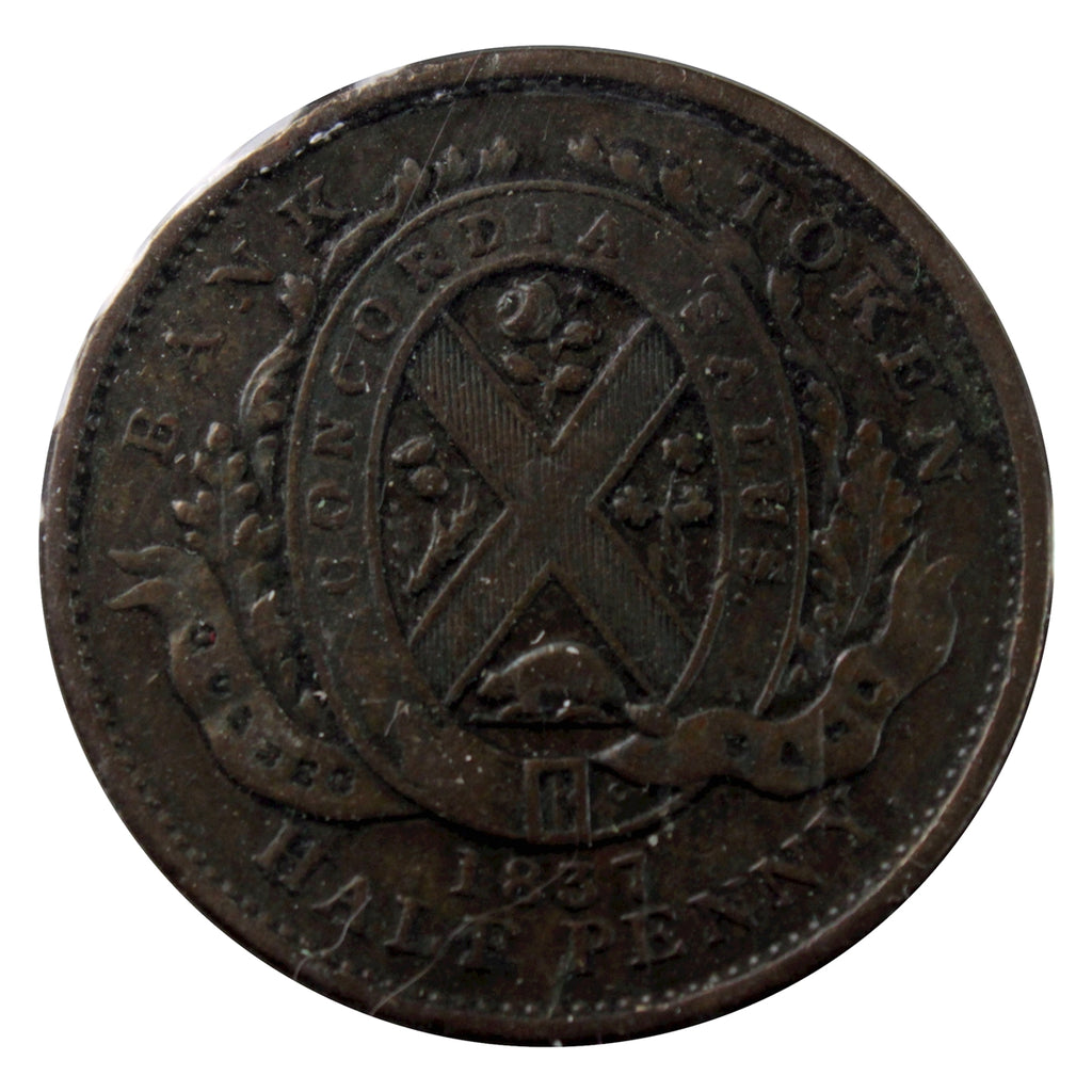LC-8B1 1837 Lower Canada Quebec Bank Half Penny Token Very Good (VG8)