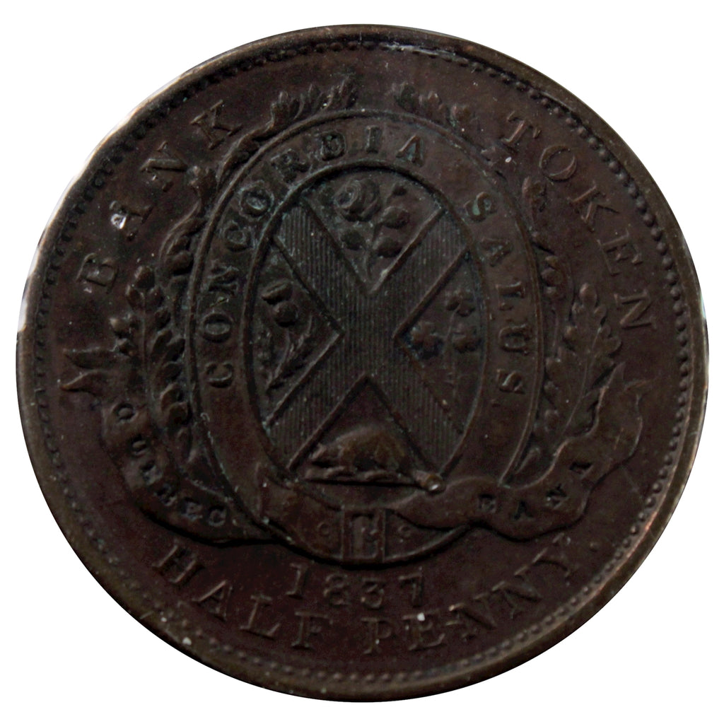 LC-8B1 1837 Lower Canada Quebec Bank Half Penny Token Extra Fine (EF40)