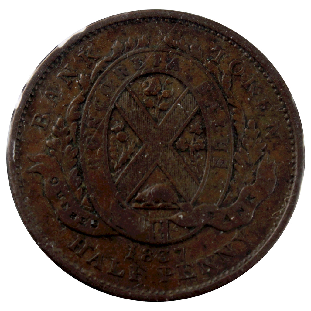 LC-8B1 1837 Lower Canada Quebec Bank Half Penny Token VG-F (VG10)